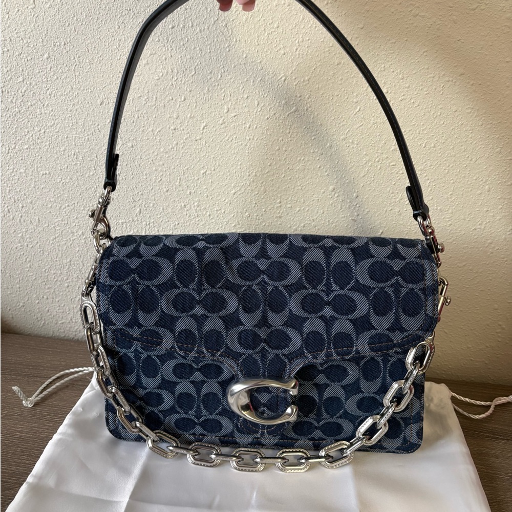 Coach Navy Signature Jacquard Shoulder Bag with Silver Chain Accent